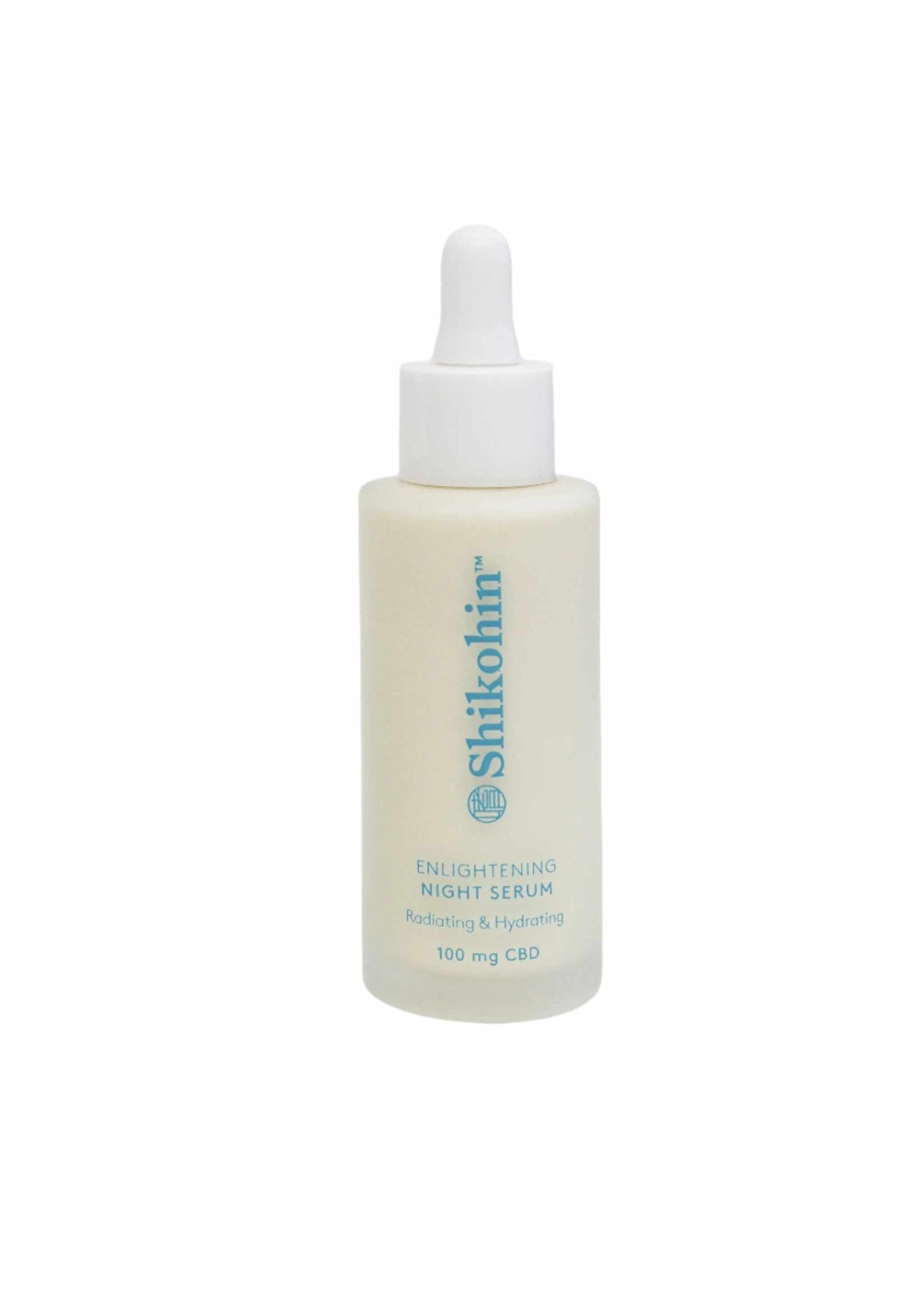 Shikohin Enlightening Night Serum bottle with snow mushroom hydrating benefits.