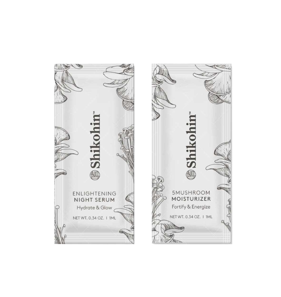 Ultimate Mushroom Duo Samples featuring Enlightening Night Serum and 5 Mushroom Moisturizer packets.