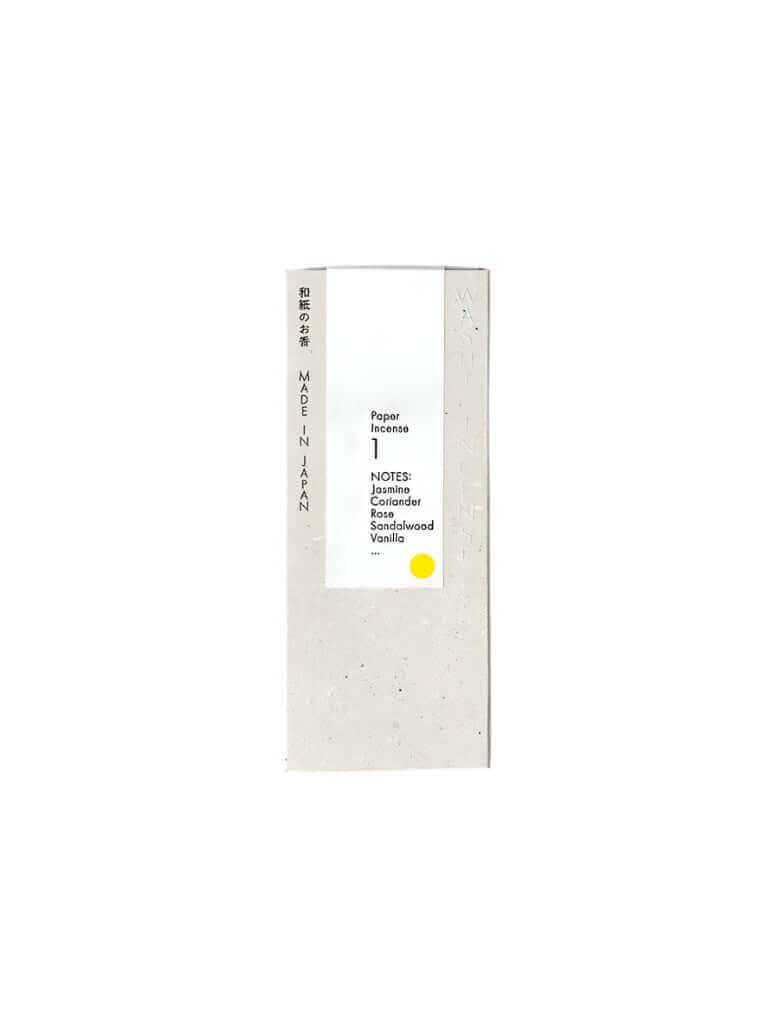 Washi Paper Incense Strips packaging showcasing natural aromas like sandalwood and vanilla, crafted in Japan.
