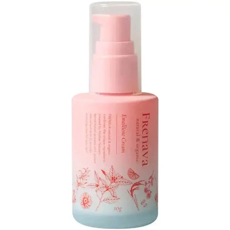 Frenava Emollient Cream bottle with pink pump dispenser and floral design.