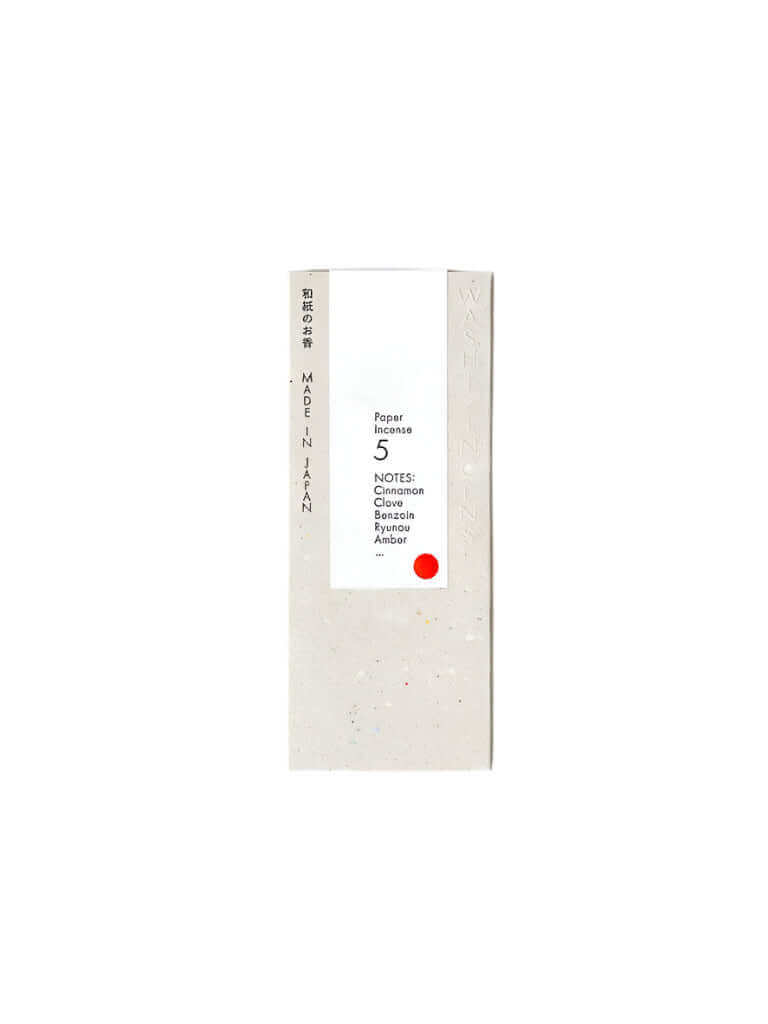 Washi Paper Incense Strips packaging featuring scent notes and made in Japan label.