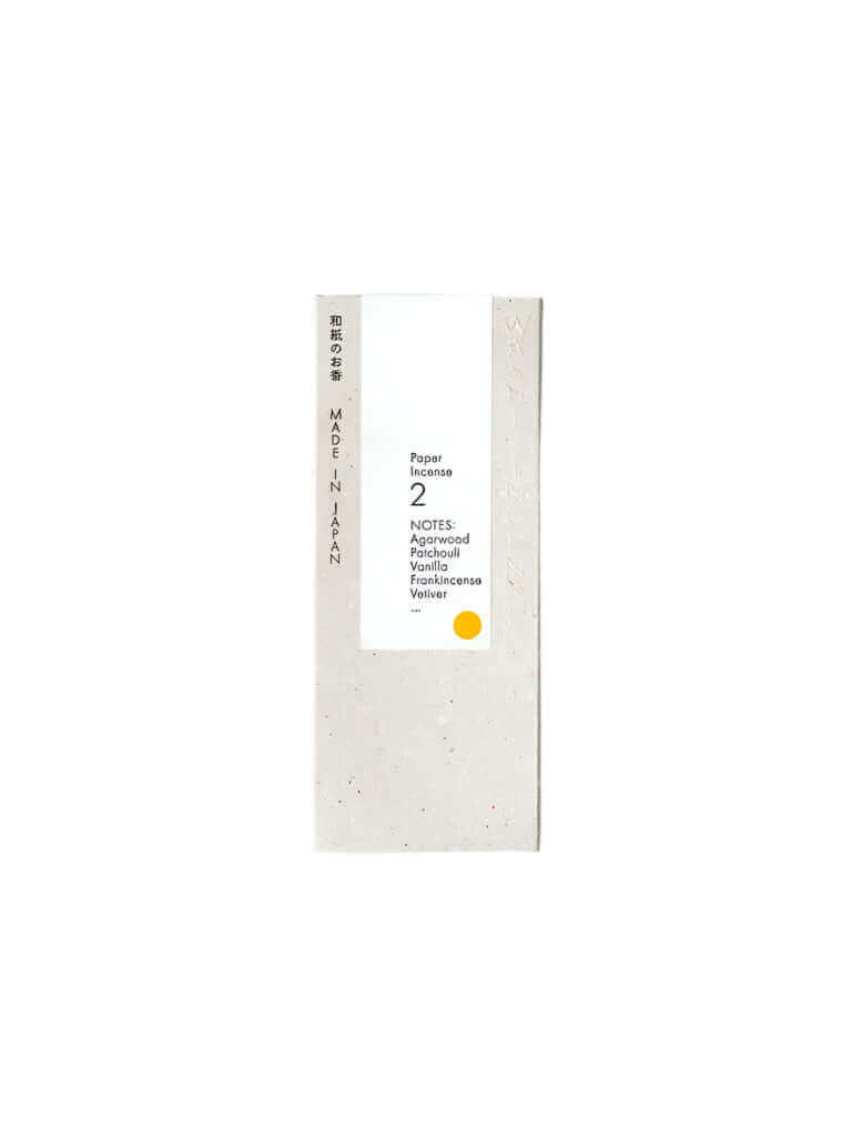 Washi Paper Incense Strips packaging featuring natural aromas and friendly notes, made in Japan, slim design.