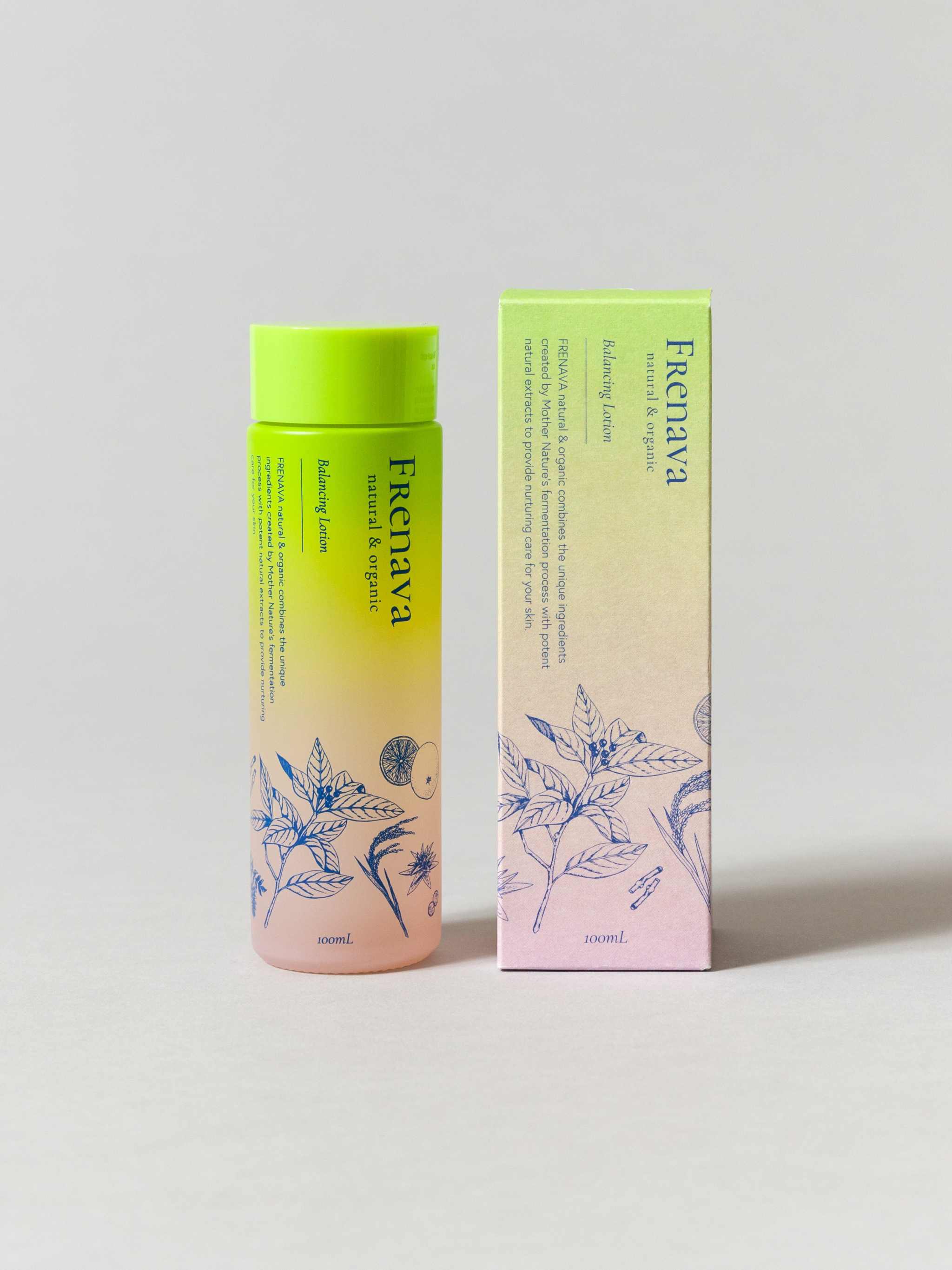 Frenava Balancing Lotion with organic extracts and Kuromoji aroma, packaging displayed.
