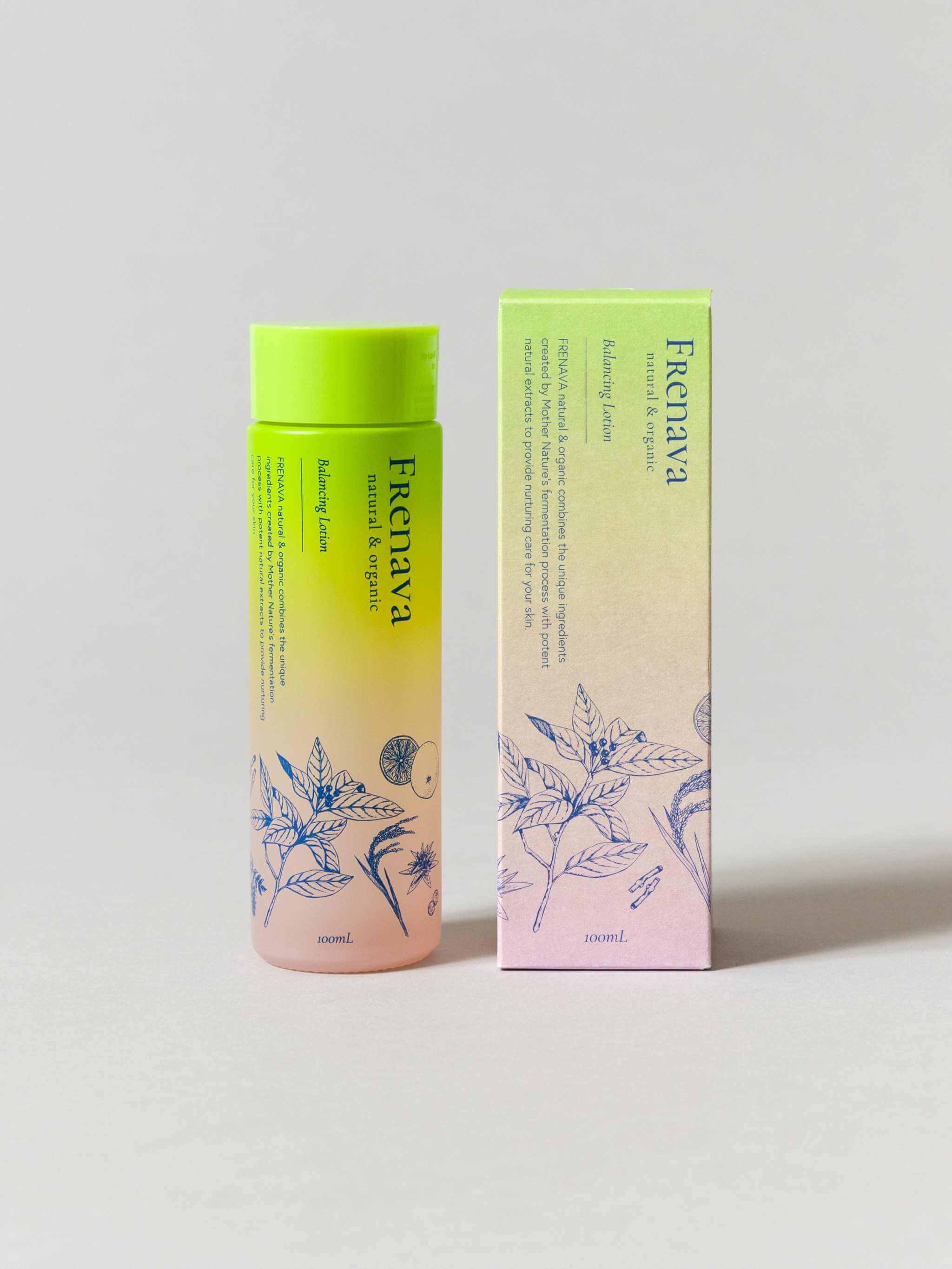Frenava Balancing Lotion with organic extracts and Kuromoji aroma, packaging displayed.