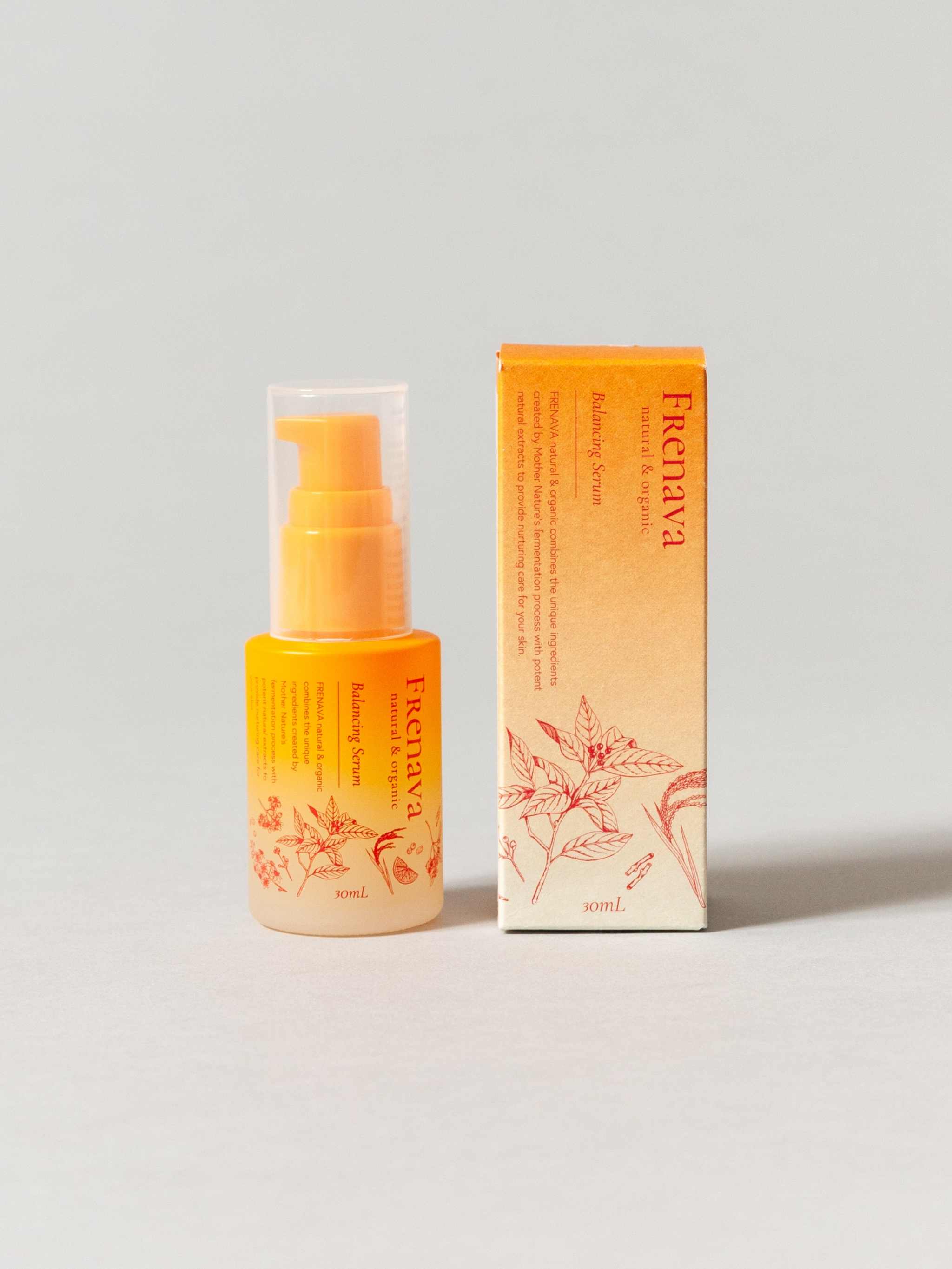 Frenava Balancing Serum with organic sake lees and yeast extracts, featuring a pump bottle and packaging.