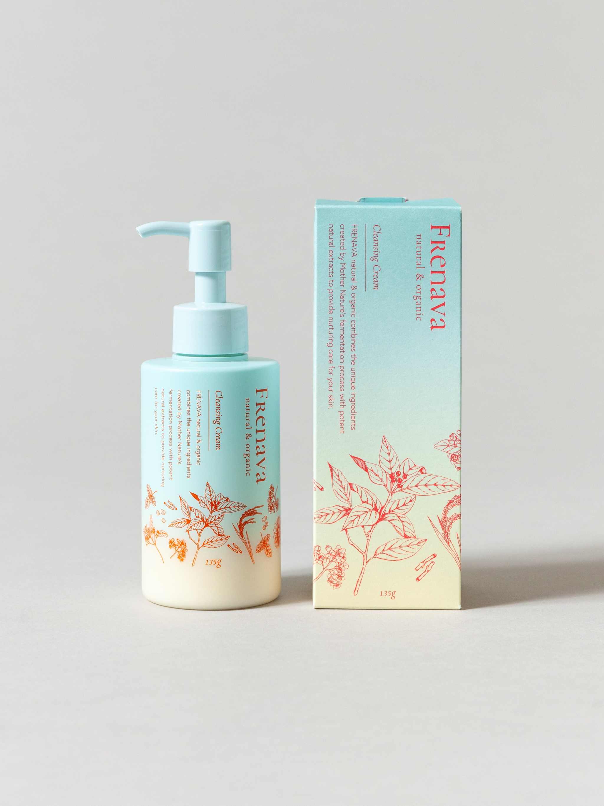 Frenava Cleansing Cream with emulsion texture, removes makeup and impurities, featuring sake lees, organic rice solution, and sake yeast extract.