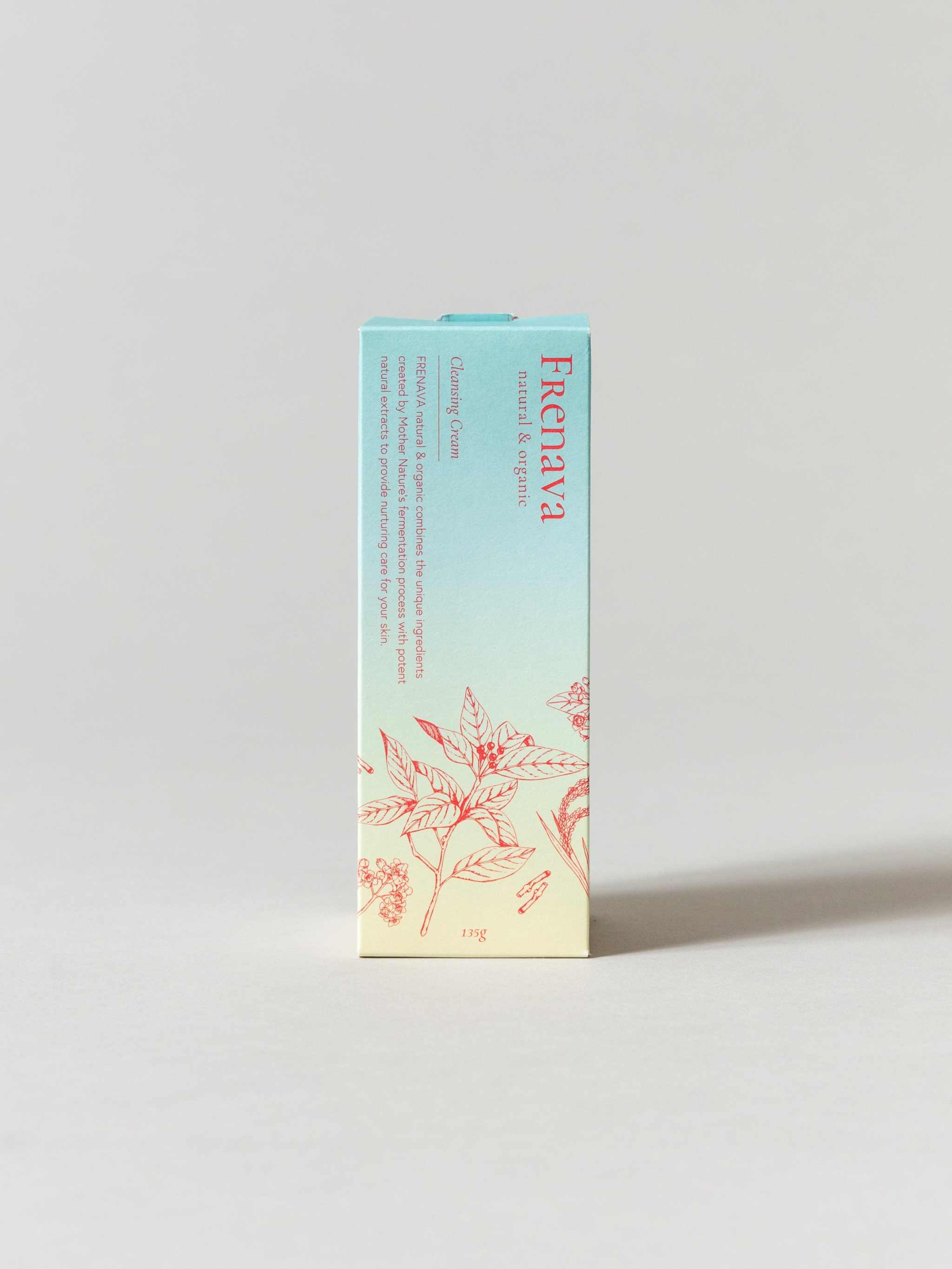 Frenava Cleansing Cream packaging with emulsion-like texture for makeup removal and skin hydration.
