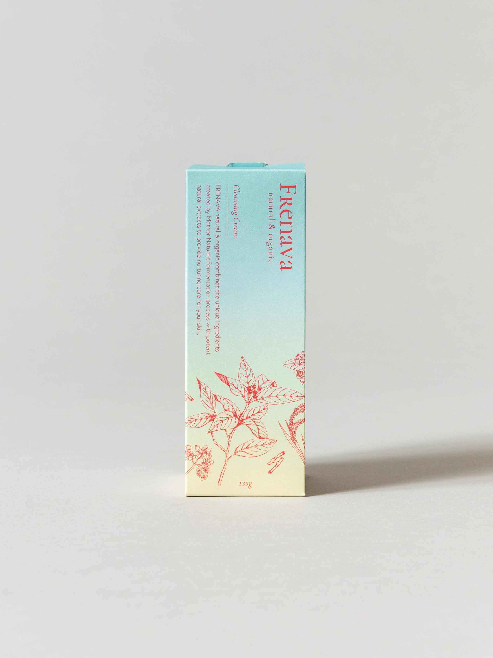 Frenava Cleansing Cream packaging with emulsion-like texture for makeup removal and skin hydration.