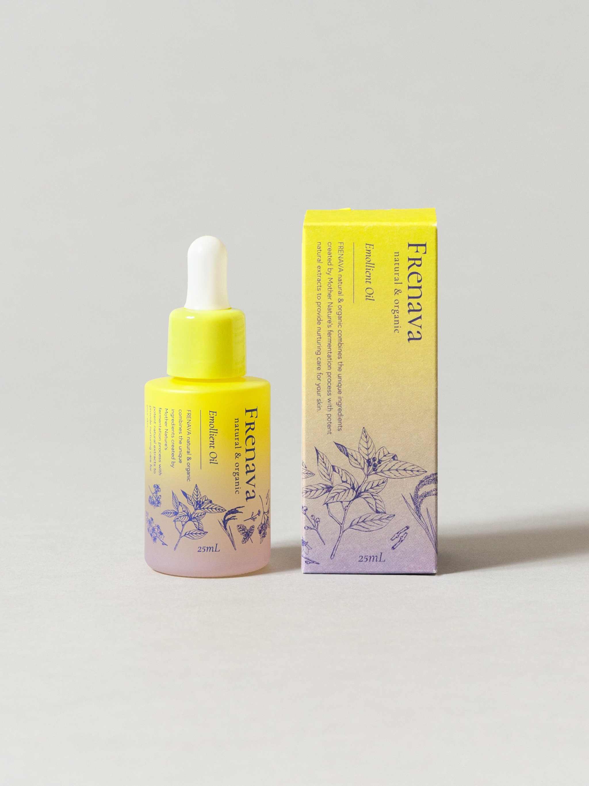 Frenava Emollient Oil bottle with dropper and packaging for hydrated skin.
