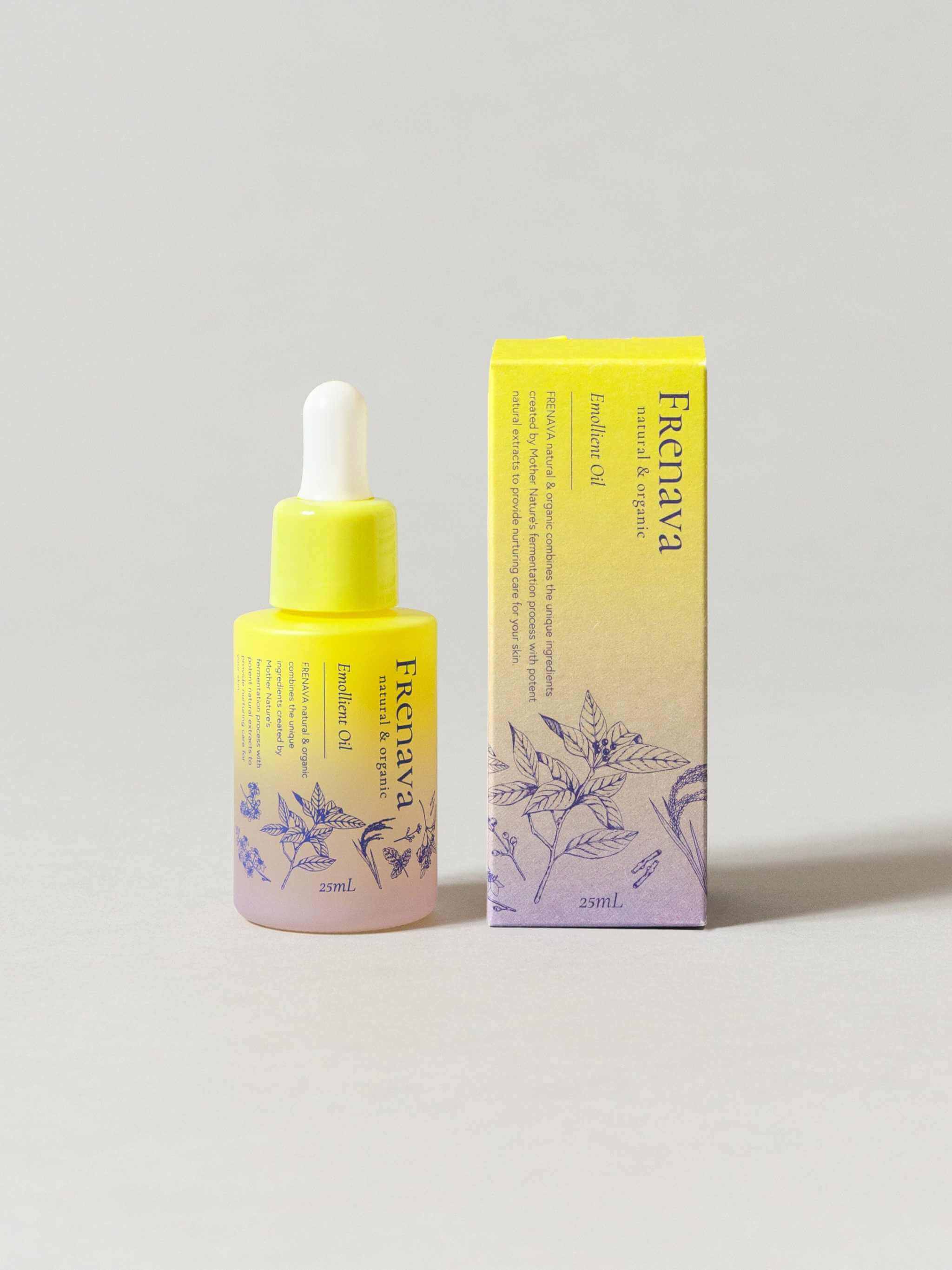 Frenava Emollient Oil bottle with dropper and packaging for hydrated skin.