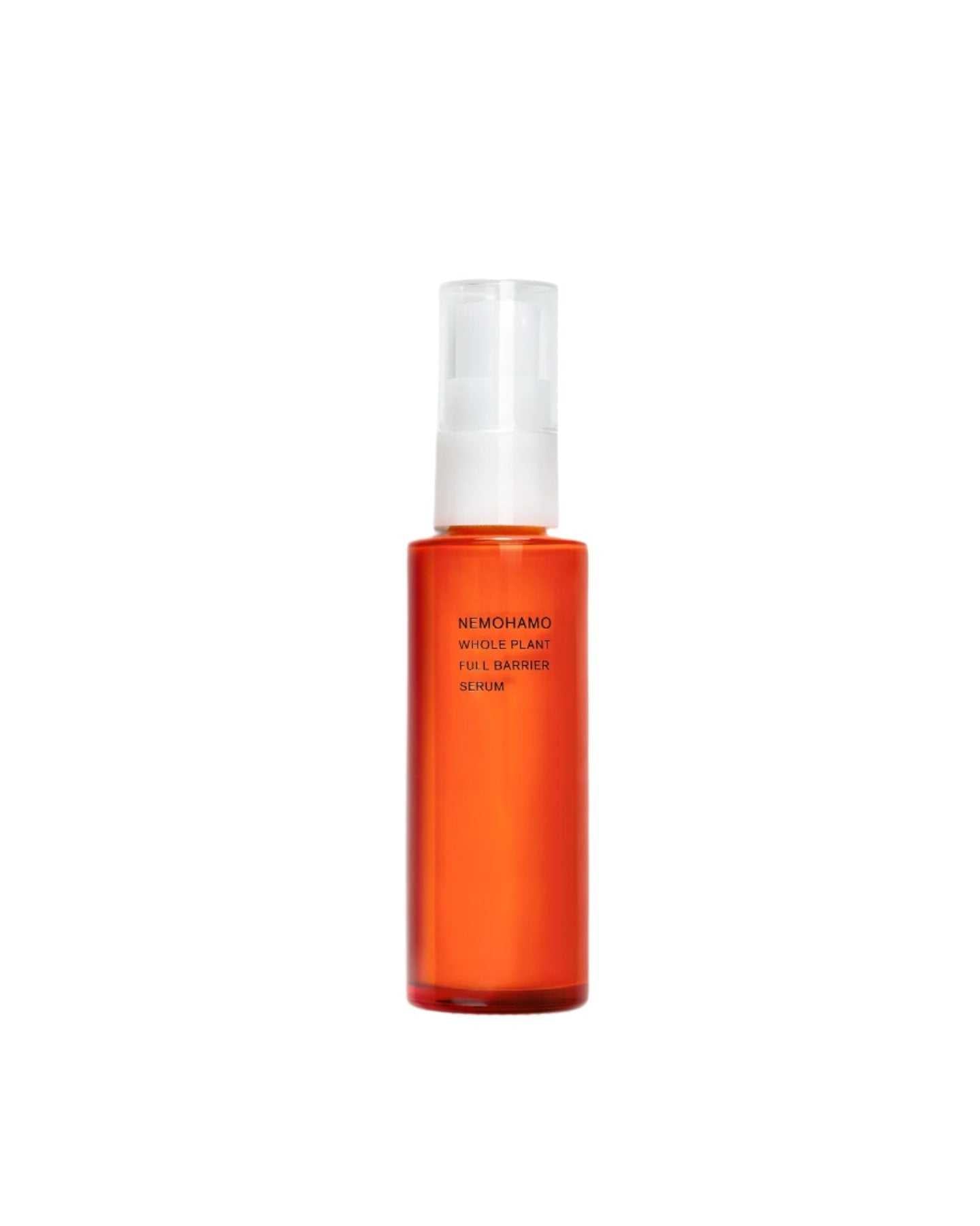 NEMOHAMO Full Barrier Serum bottle with white pump dispenser, orange transparent container.