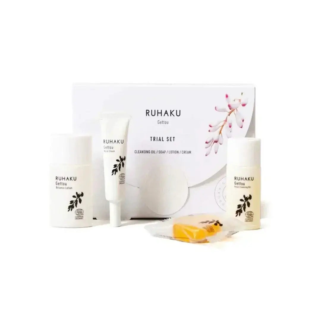 Travel size skincare set with organic Okinawan gettou, herbal extracts, and essential oils.