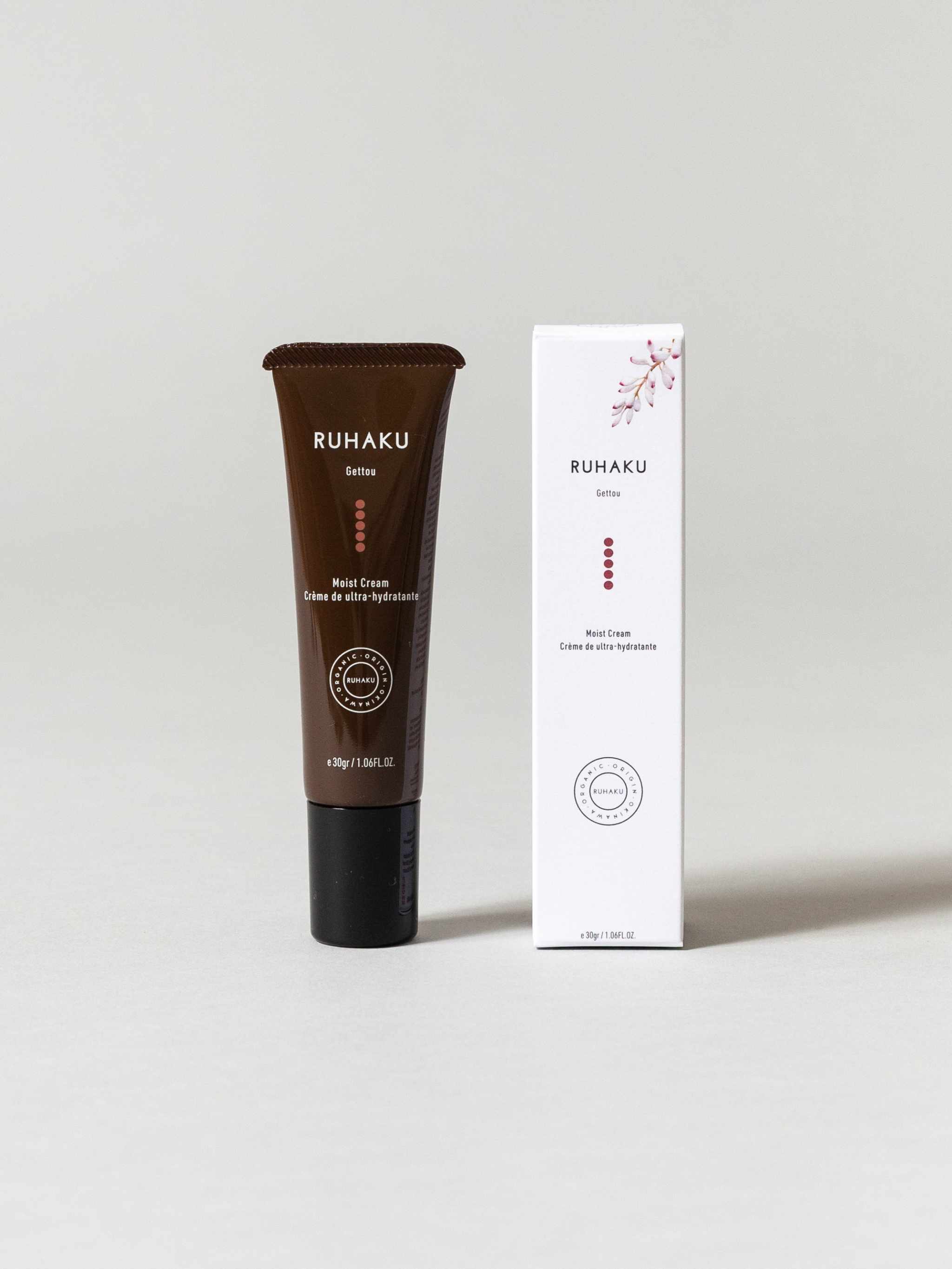 Ruhaku Gettou Day Moist Cream tube and packaging, EcoCert certified organic moisturizer for youthful glow.