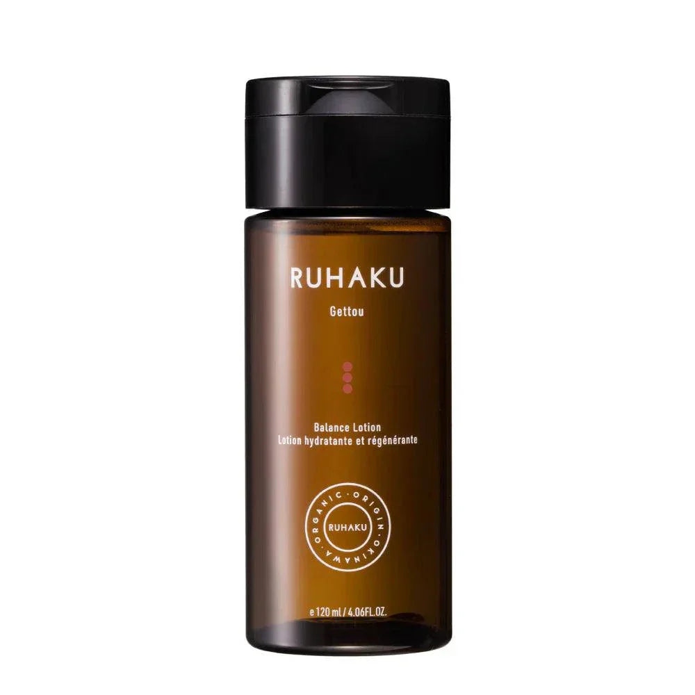 Ruhaku Gettou Balancing Lotion bottle showcasing Okinawa's organic skincare benefits.