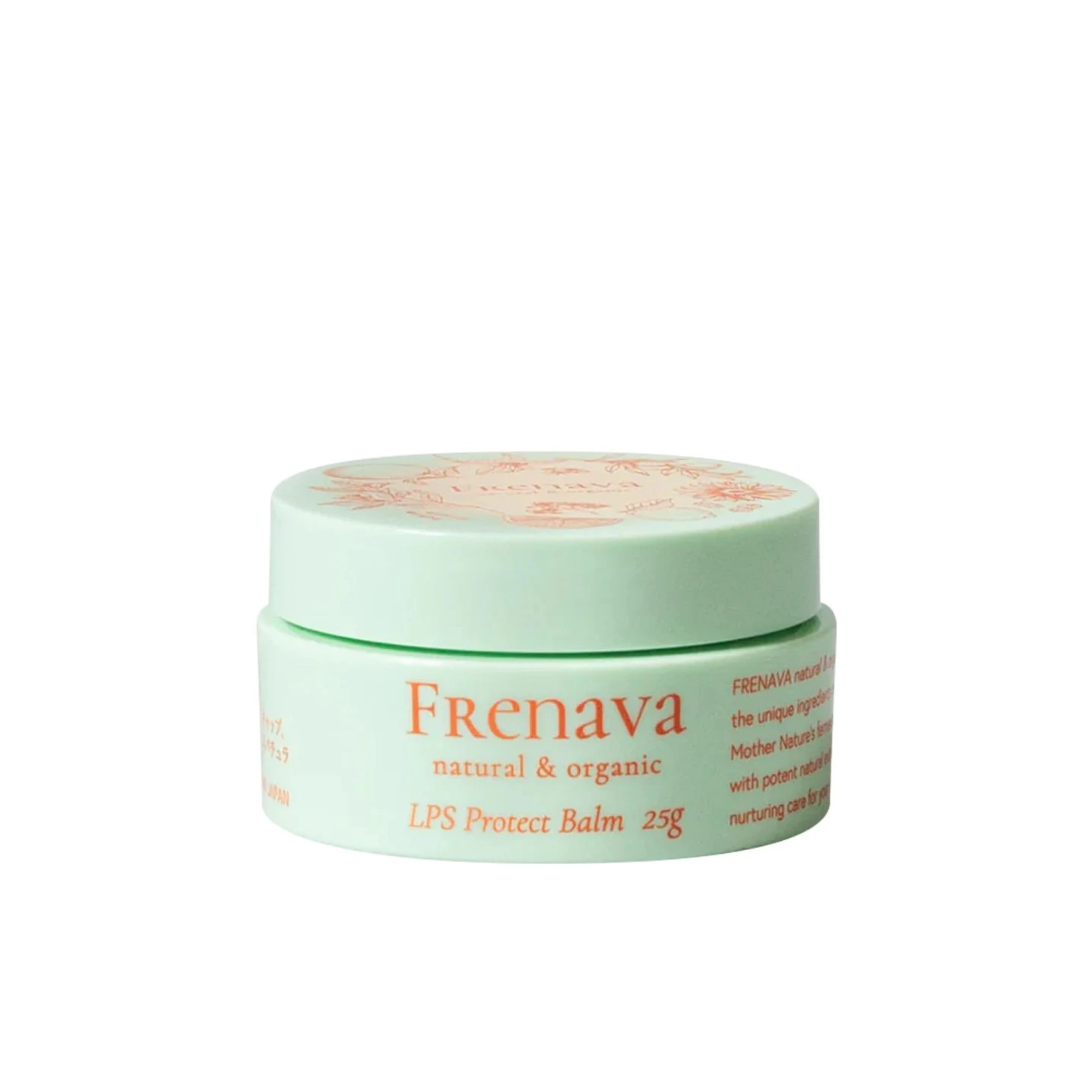 Frenava LPS Protect Balm 25g container with lid showing natural and organic labeling.