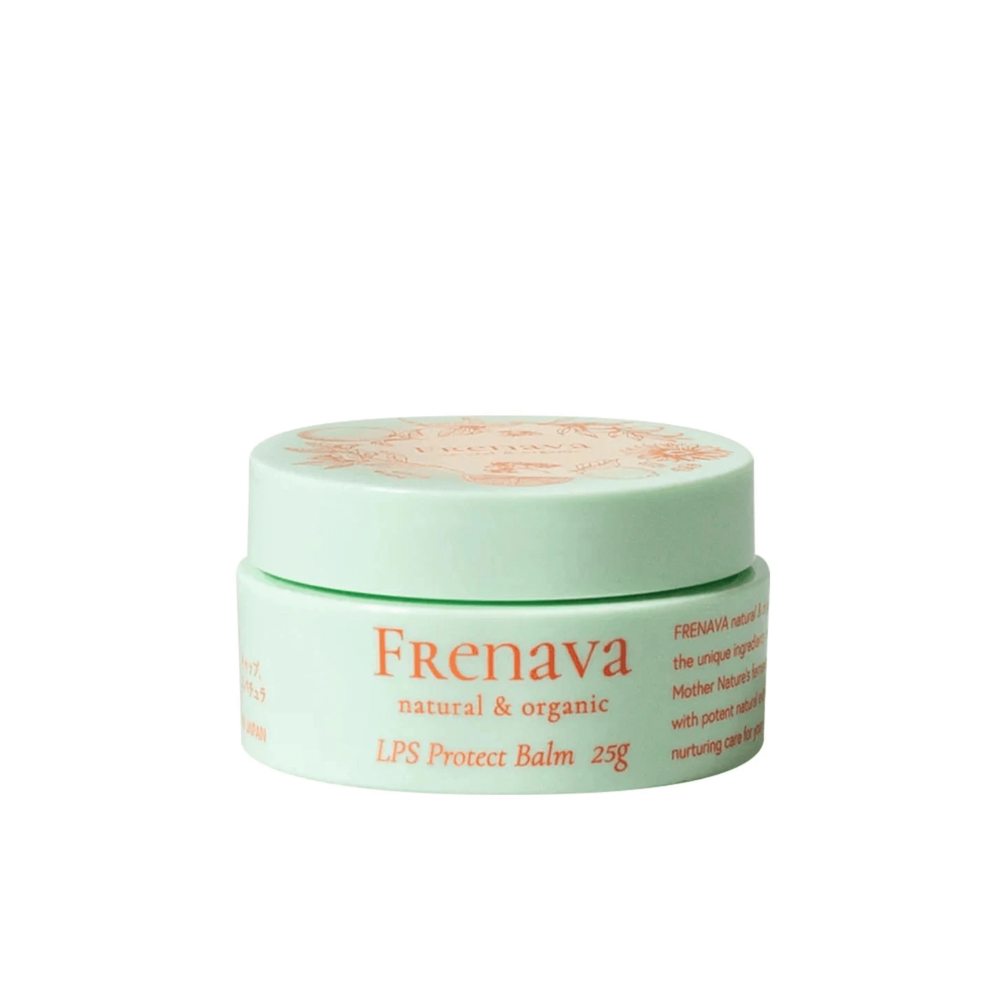 Frenava LPS Protect Balm 25g container with lid showing natural and organic labeling.
