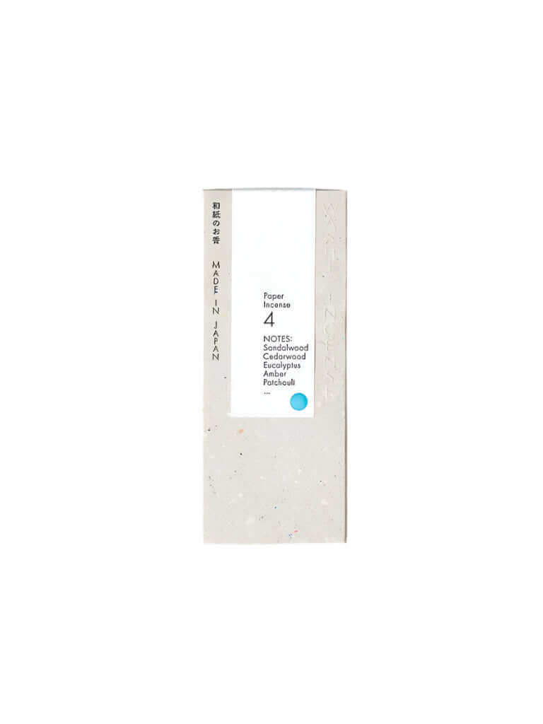 Washi Paper Incense Strips packaging featuring notes of sandalwood, cedarwood, and patchouli for rich aromas.