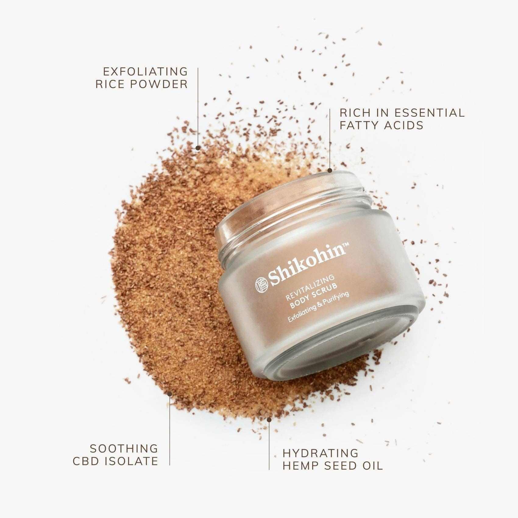 Shikohin Hemp & Rice Body Scrub with exfoliating rice powder and hydrating hemp seed oil.