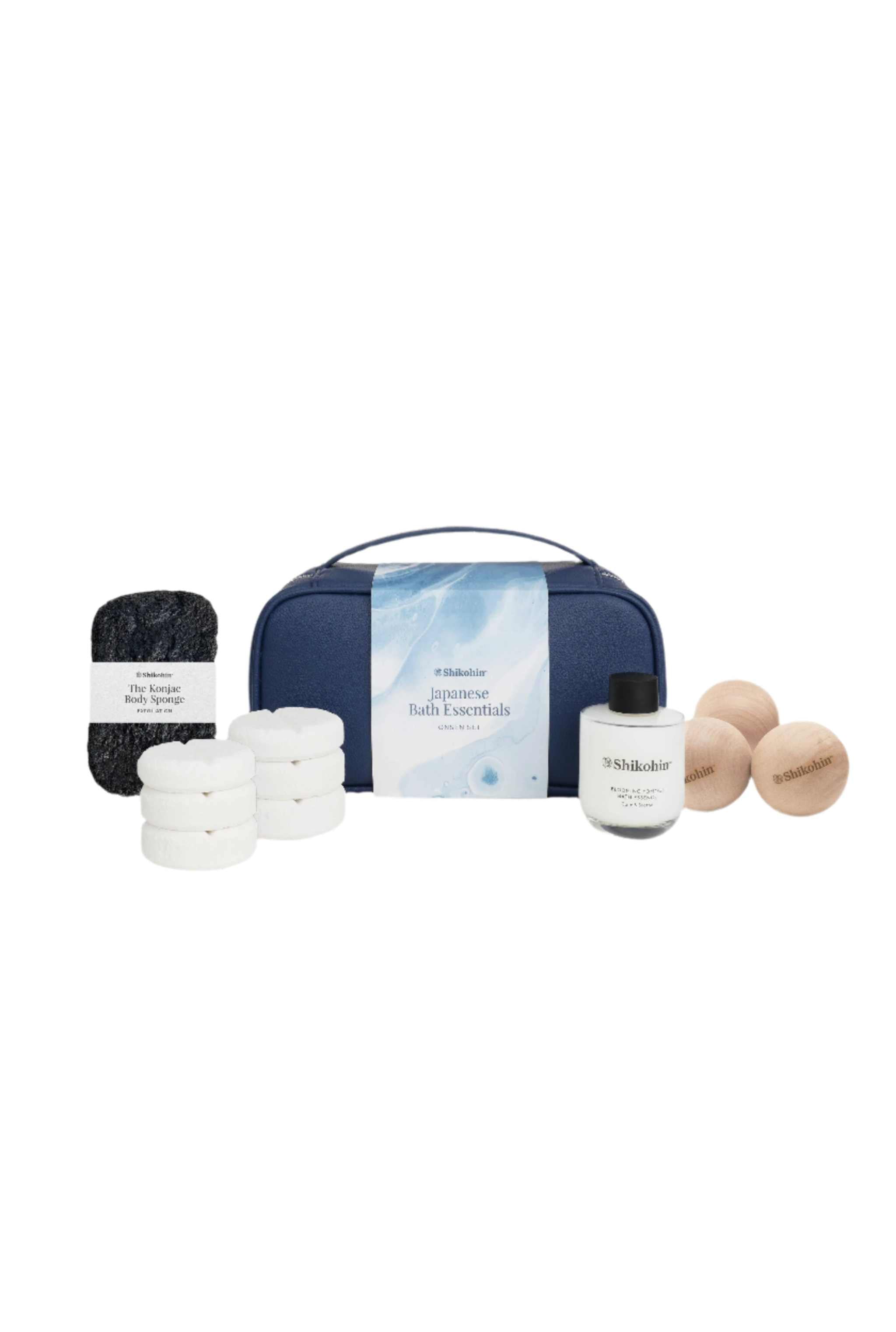 Japanese Hot Spring Bath Set with hinoki balls, konjac sponge, bath tablets, and essence.