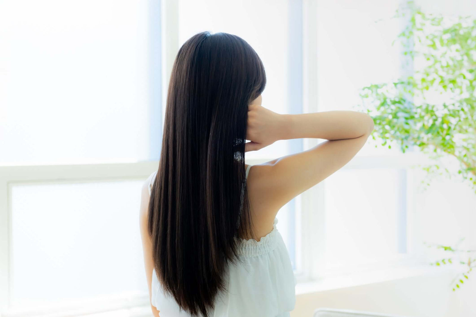 Japanese woman with long hair in summer weather