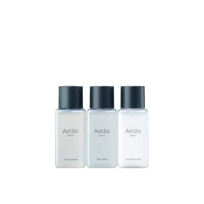 The skincare Set with 20mL bottles of cleanser, lotion, and moisturizer for nourished and smooth complexion.